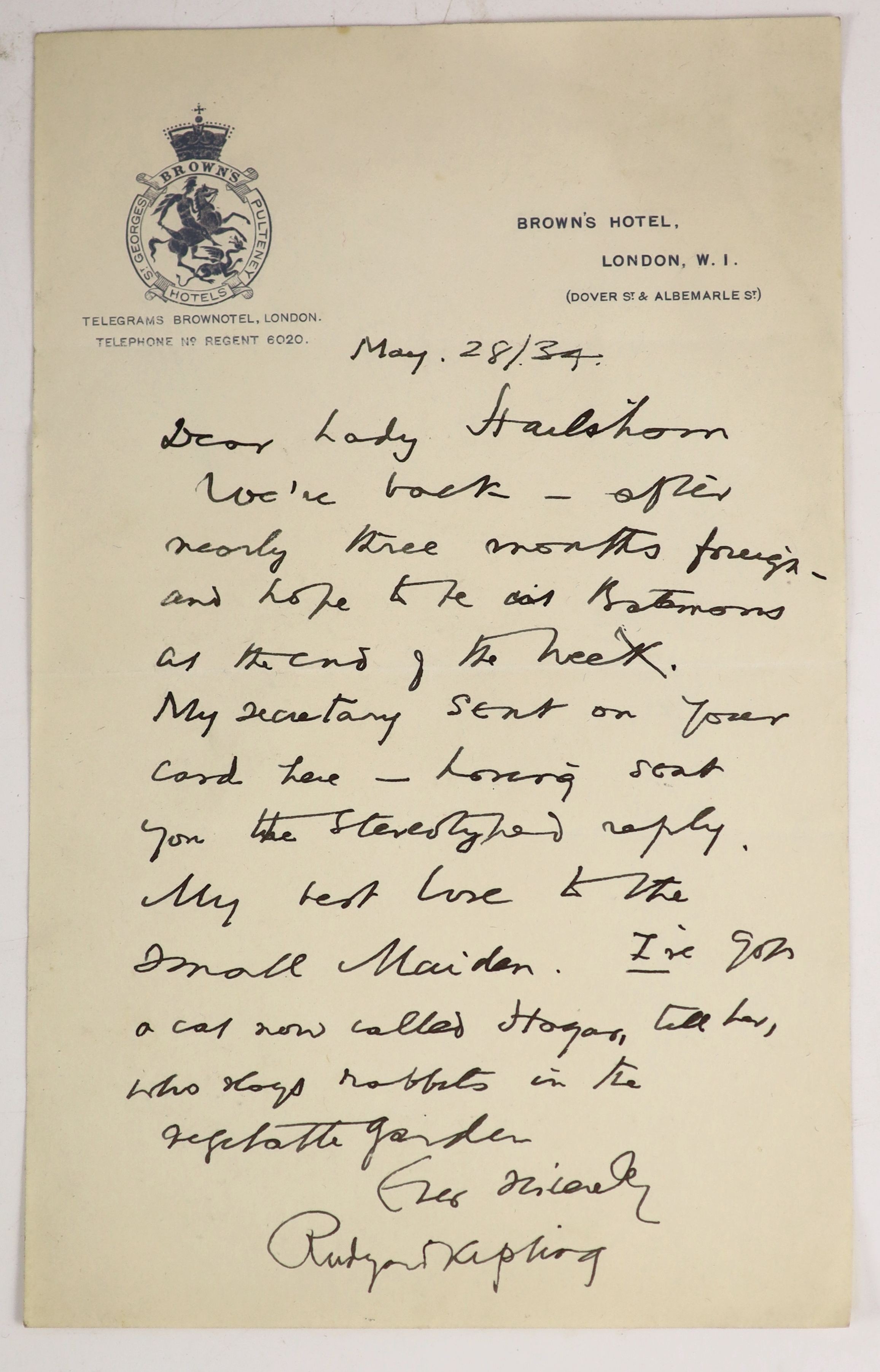 Lawrence, Sir Walter Roper - The India We Served, 8vo, quarter cloth, with d/j, introductory letter by Rudyard Kipling, the title alerted in pen and ink by same, reading ‘’Rudyard Kipling, - This is a very good work. RK’